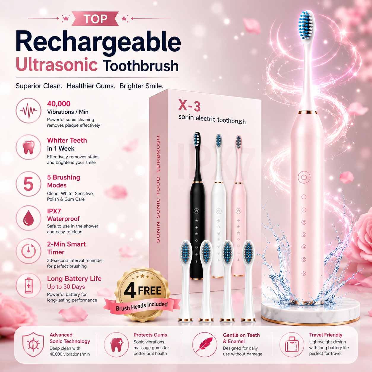 6 Modes Sonic Electric Toothbrushes for Adults Kids Smart Timer Rechargeable Whitening Toothbrush Waterproof 4 Brush Head