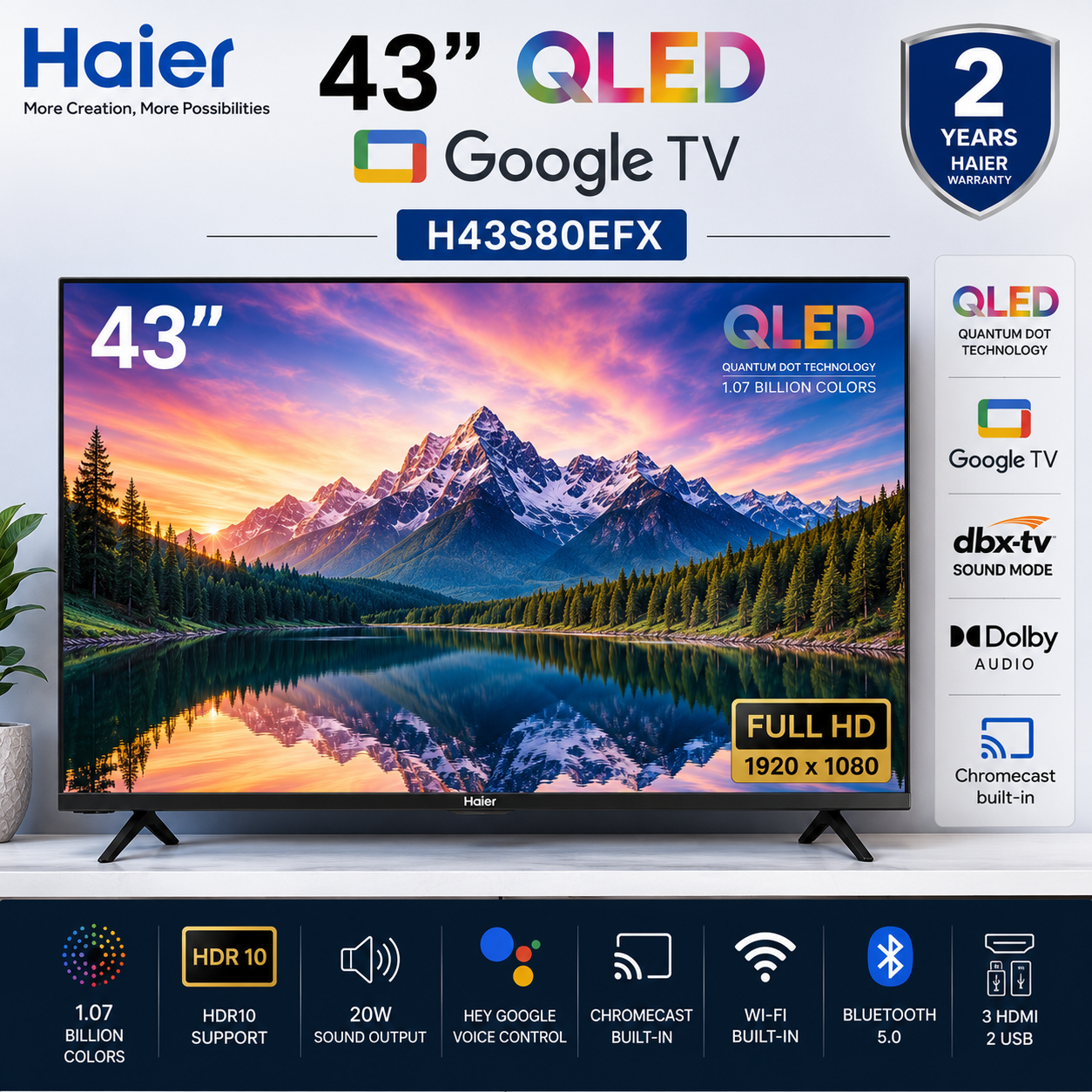 Haier 43 Inch QLED Google TV H43S80EFX | Full HD 1920x1080 | Quantum Dot Technology | HDR10 | Dolby Audio | Google Assistant | Chromecast | WiFi Bluetooth