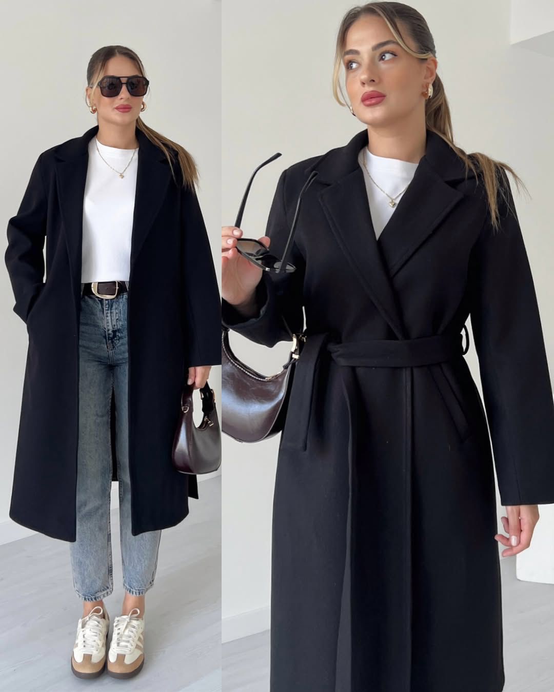 Long-Length Wool-Blend Coat for Women | Belted Tie-Waist Winter Jacket | Classic Notched Lapel Overcoat