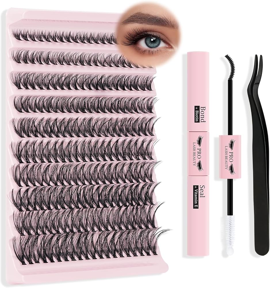 DIY Eyelash Extension Kit, Lash Cluster Kit With Waterproof Strong Hold Eyelash Bond, Eyelash Remover and Tweezer (200 clusters)