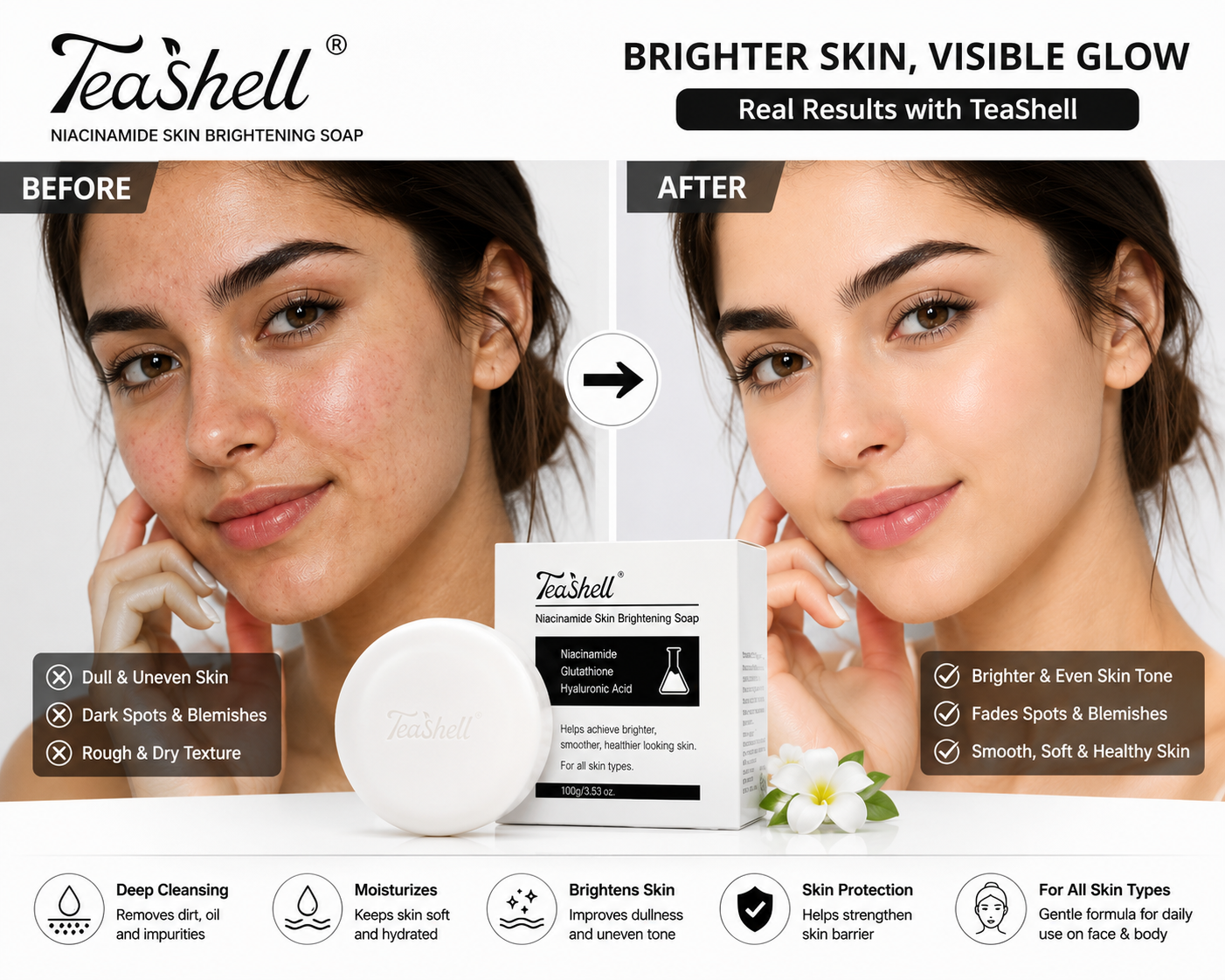 TeaShell Niacinamide Skin Brightening Soap 100g | Deep Cleansing Face & Body Soap | Moisturizing Soap | Smooth & Healthy Looking Skin | For Men & Women
