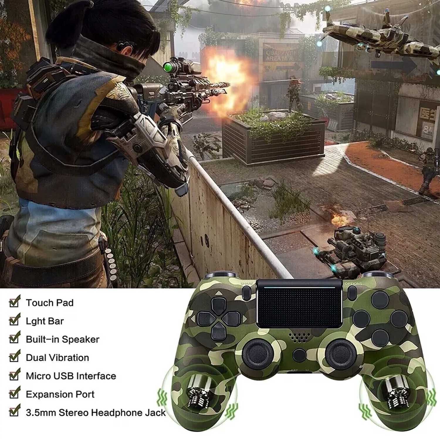 PS4 DualShock 4 Wireless Game Controller – Jet Black & Camouflage Green Bluetooth Gaming Controller for PlayStation 4, PS4 Slim & PS4 Pro