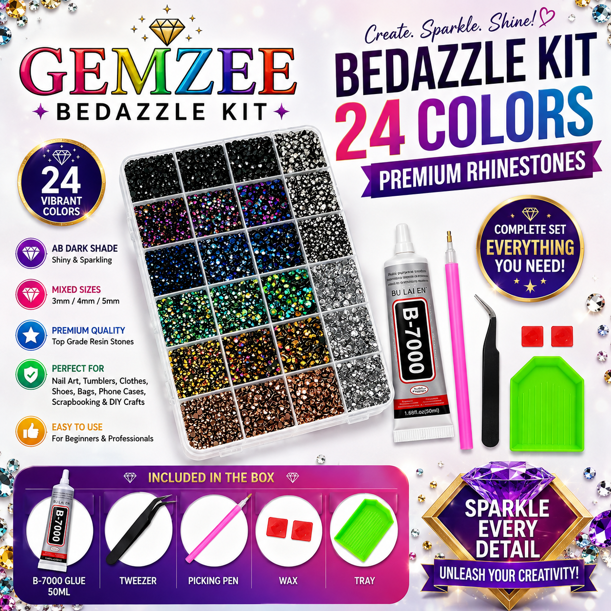 💎 Gemzee™ Bedazzle Kit 24 Grid AB Dark Shade Rhinestones | 3mm 4mm 5mm Mixed Size Flatback Resin Gems with Tweezer, Picking Pen, Spoon, Tray And Glue | DIY Nail Art & Crafts
