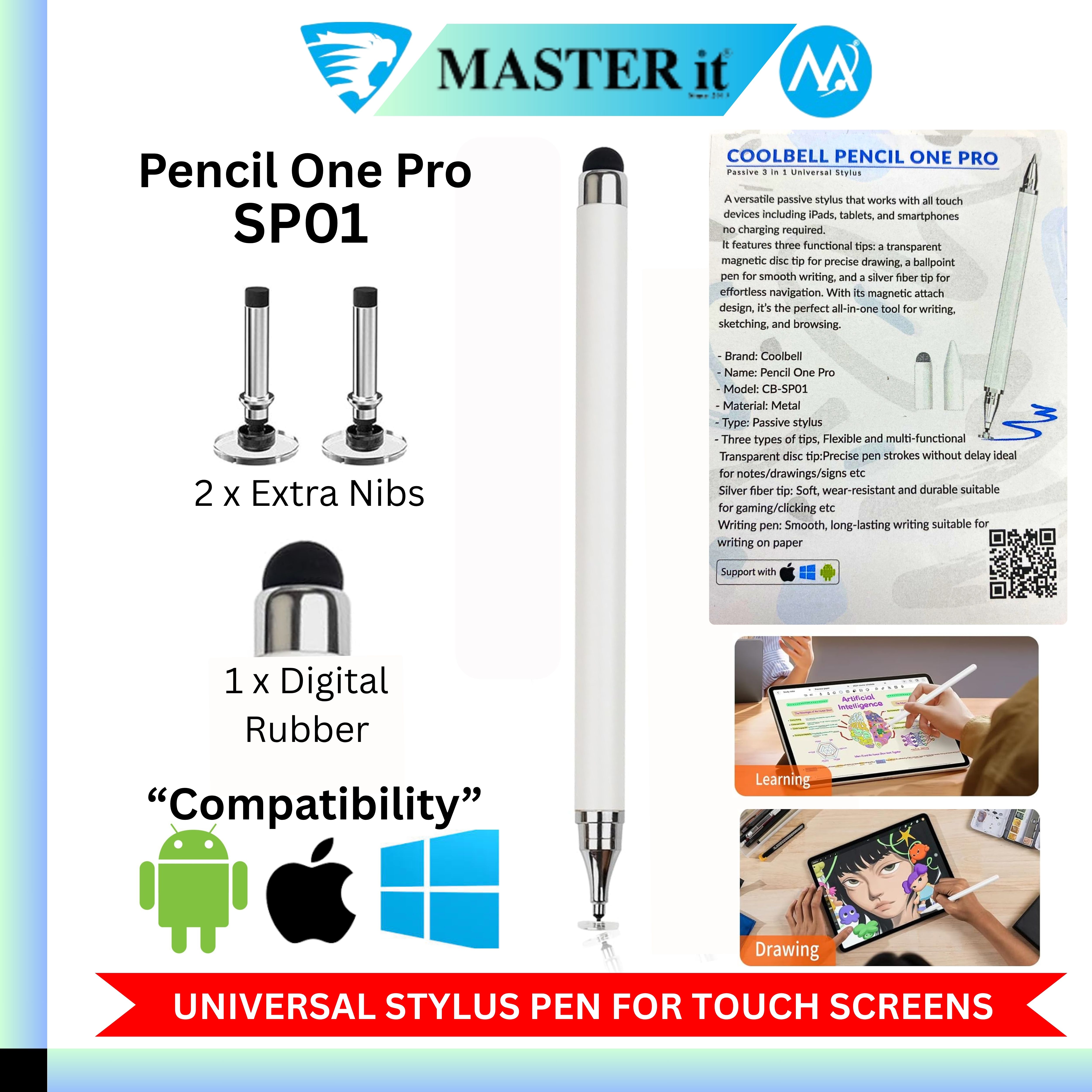 3 in 1 Universal Stylus Pen For Touch Screens - Metal Stylus Pencil One Pro With Flexible Multi Functional Transparent Disc For Writing & Drawing & Navigation Without Any Delay - Compatible With Android,Tablet & Touch Laptops - White