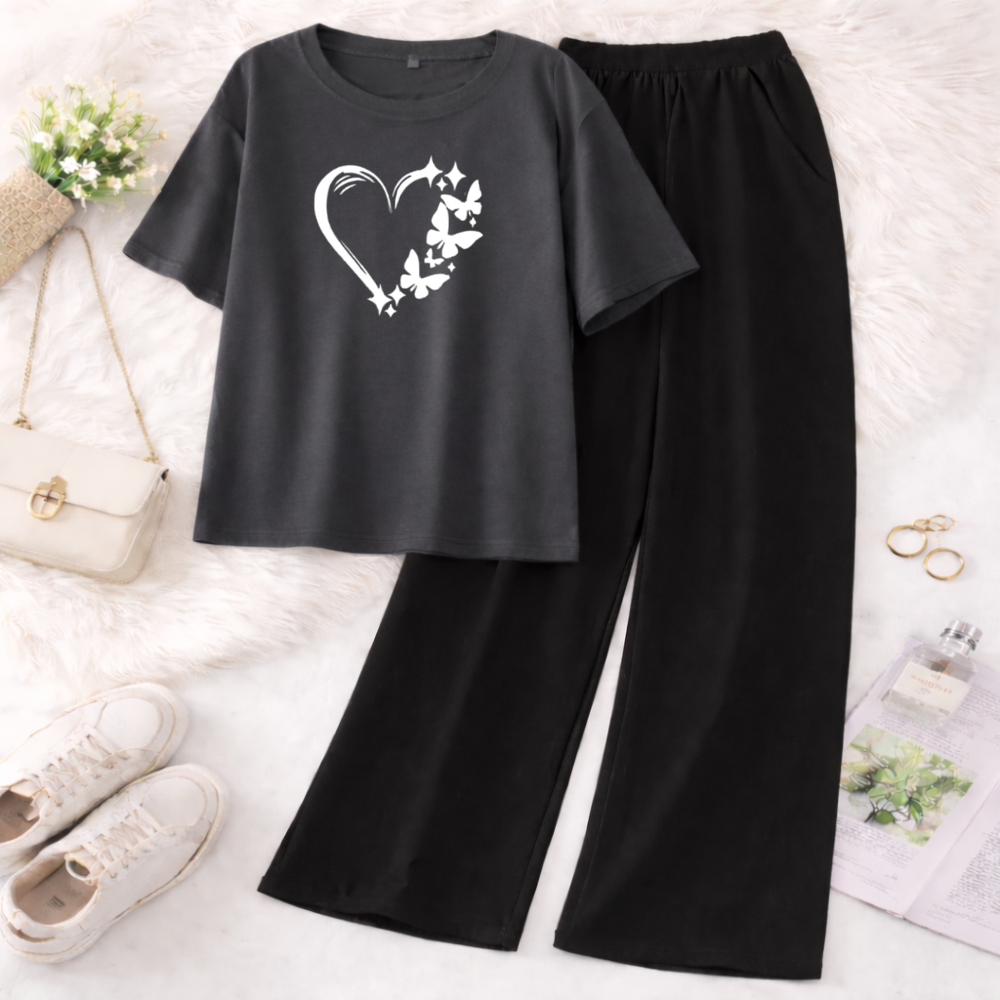 FashionPoint - ButterFly Heart Printed 2Pcs Printed Half Sleeves T Shirt with Trouser Soft Jersey Fabric Casual Daily Wear For Girls and Kids