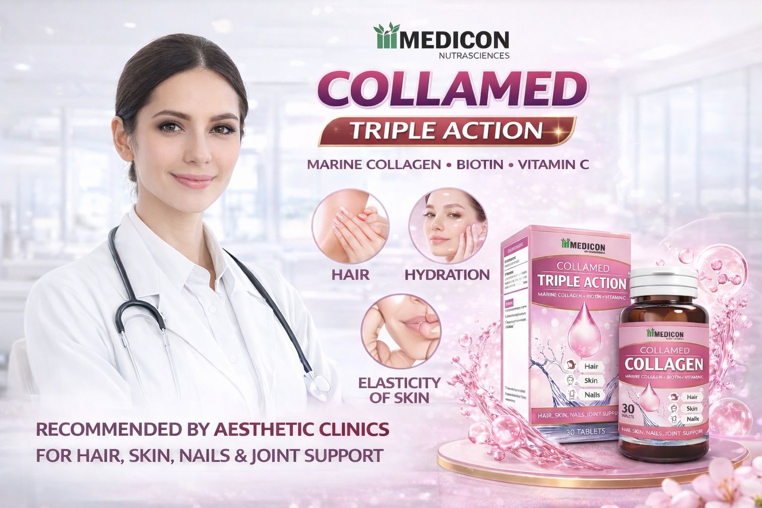 Collamed Collagen Supplement Marine Collagen + Biotin + Vitamin C for Skin Glow, Hair Growth, & Reduce Wrinkles & Aging 30 Tablets