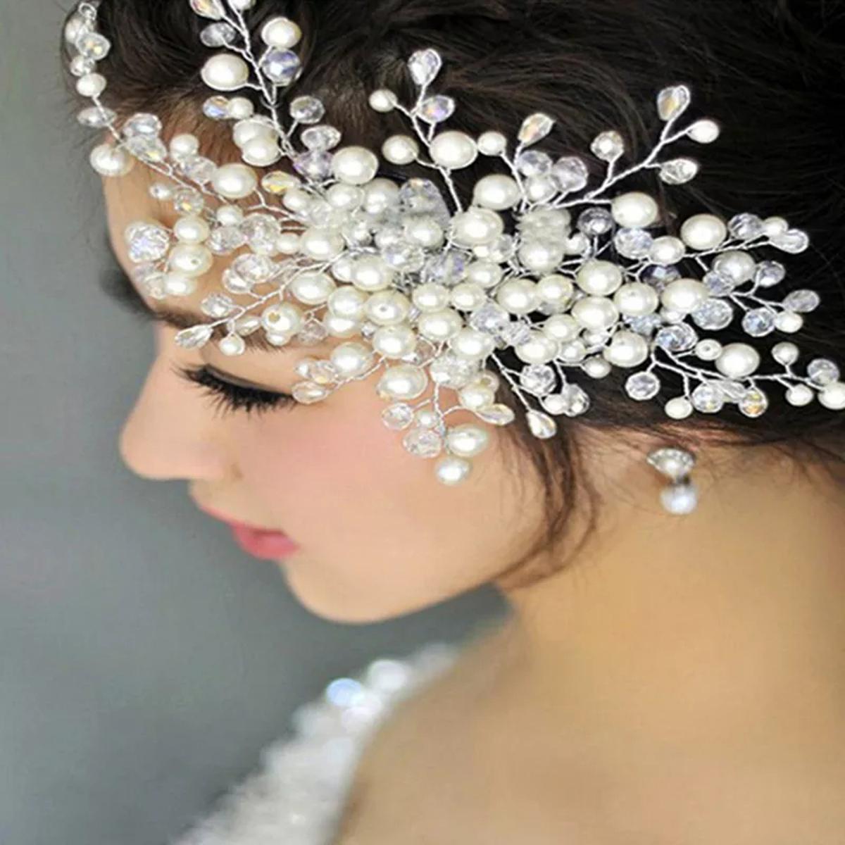 Elegant Bridal Wedding Hair Accessories Crystal Pearl Flower Girl Headband Ribbon Headpiece Hair Jewelry Accessories