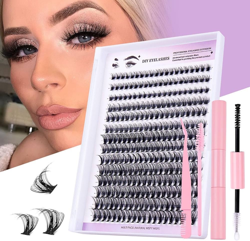 DIY Eyelash Extension Kit, Lash Cluster Kit With Waterproof Strong Hold Eyelash Bond, Eyelash Remover and Tweezer (200 clusters)