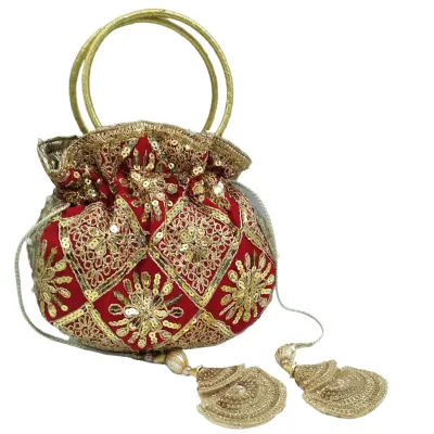 Red Brocade Stone & Ghungroo Embellished Traditional Hand Bag | EST-RSN-87  | Cilory.com