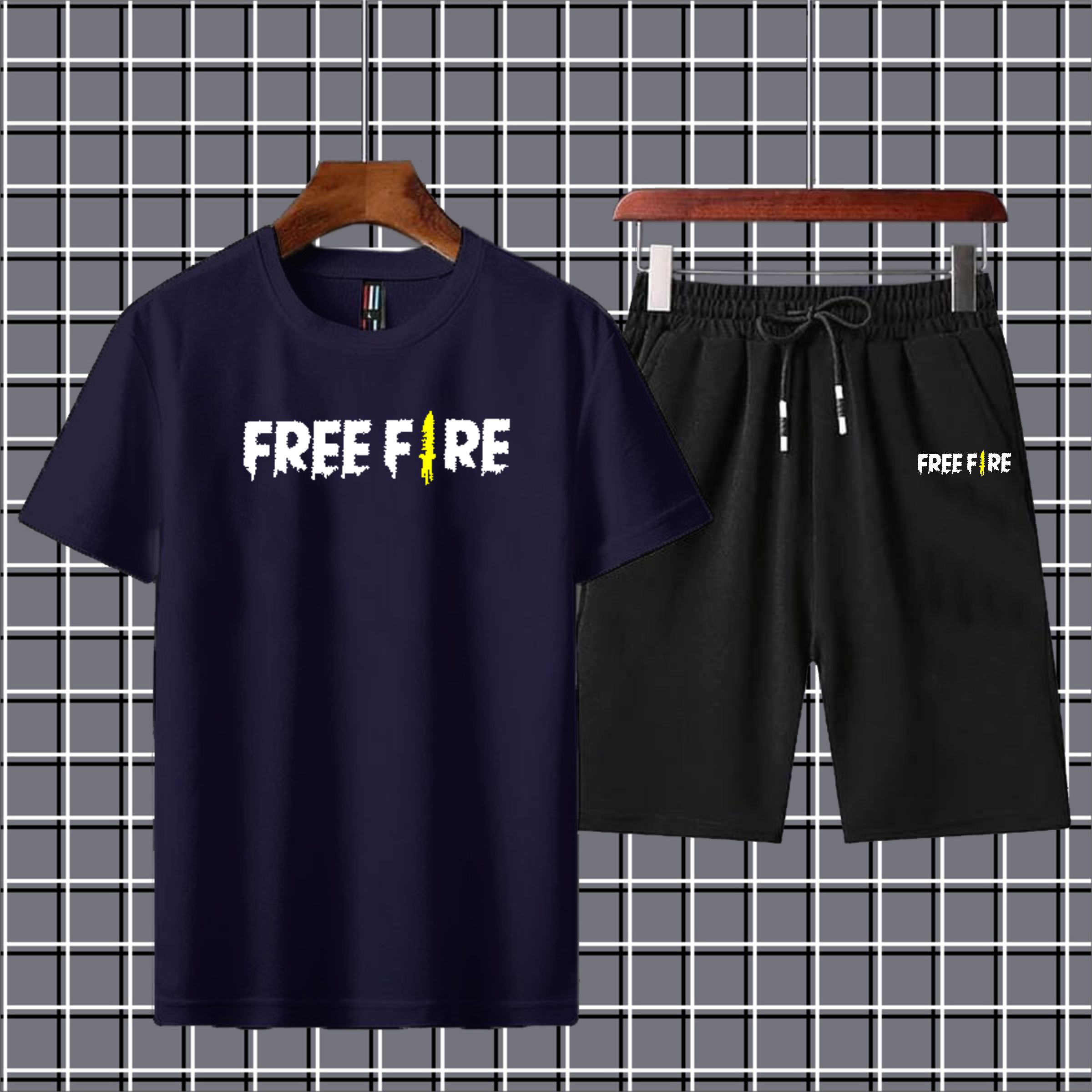 Free fire printed summer short track for men tshirt+short-yellow