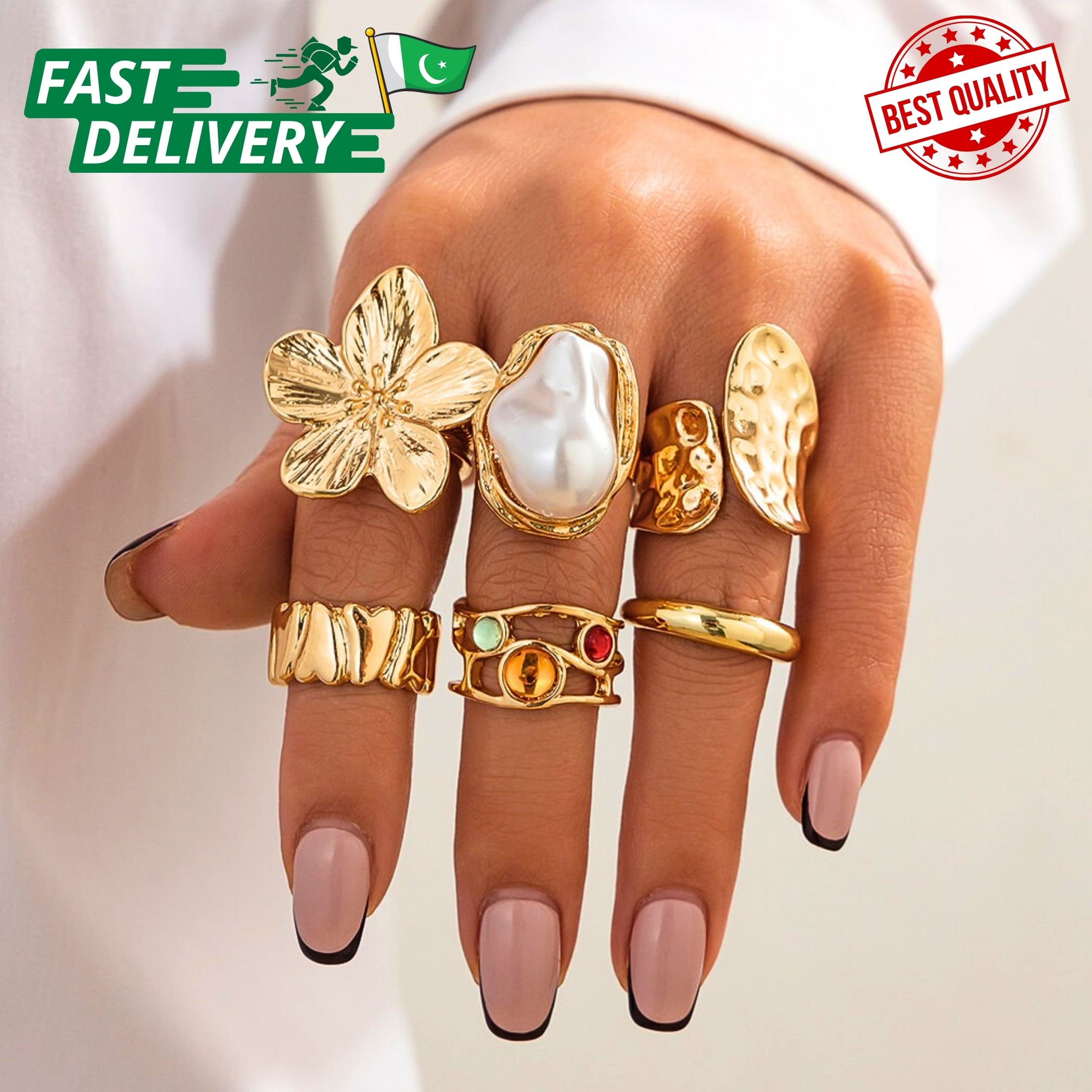 New 2026 6Pcs/Set Vintage Flower Metal Rings Baroque Imitation Pearl Ring Female Niche Exaggerated Open Ring Fashion Jewelry Rings