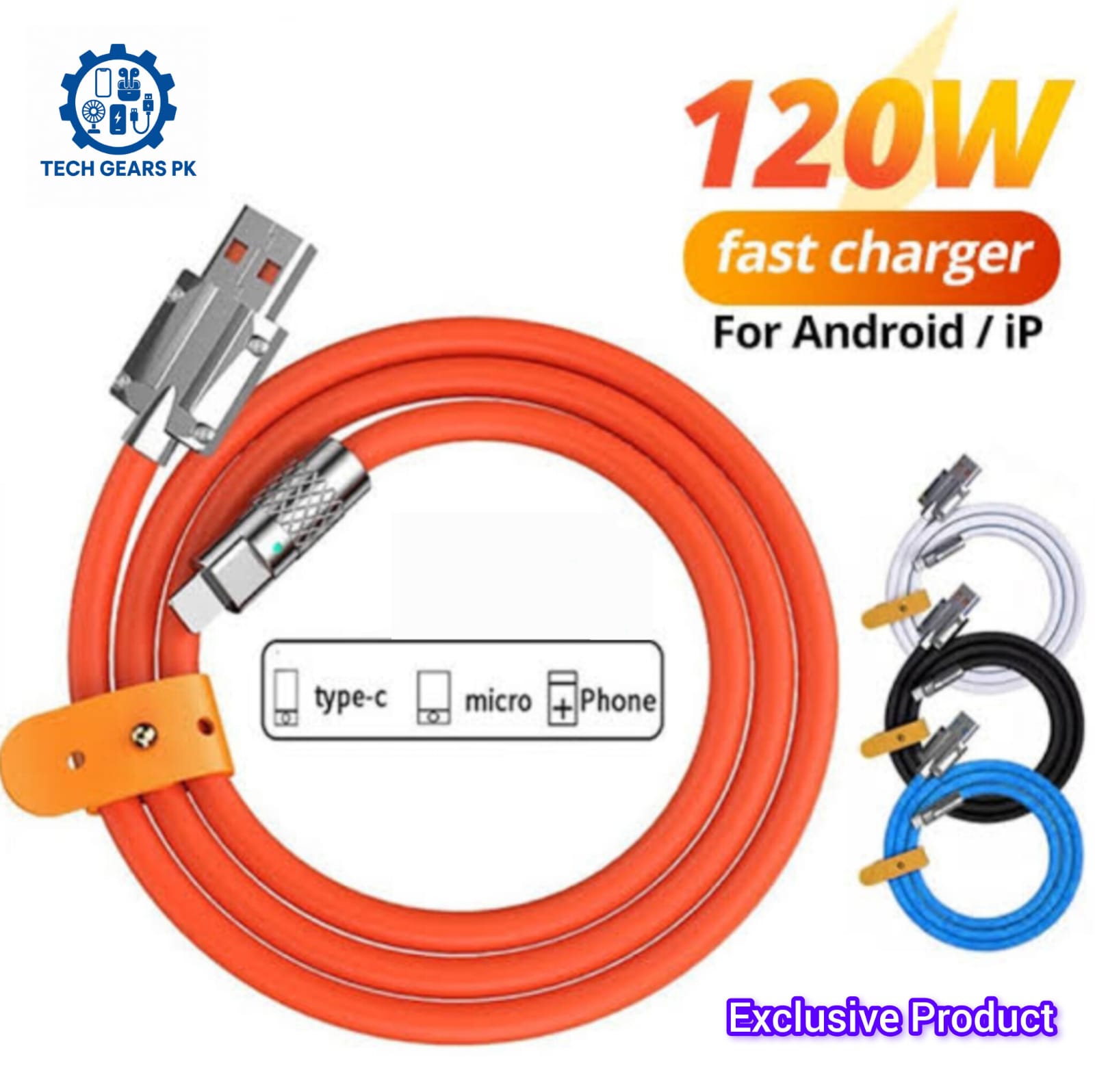 120W 6A Super Fast Charging Cable | Fast Charging Data Cable Type-C & Micro USB with LED Indicator | 3-in-1 & 4-in-1 Multi USB Charger Cable | Nylon Braided Wire | 65W/120W Cable 1.5M/2M/3M | Exclusively Available at Tech Gears PK
