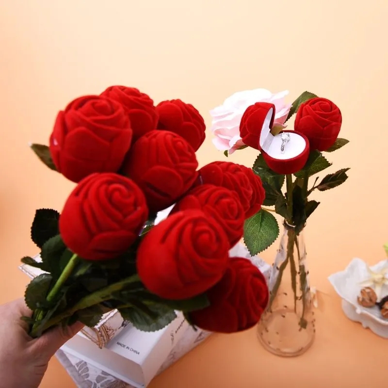 Rose Flower Ring Box Velvet Red Rose ring jewelry Box Display Holder gift Box Bridal Wedding jewelry storage box
