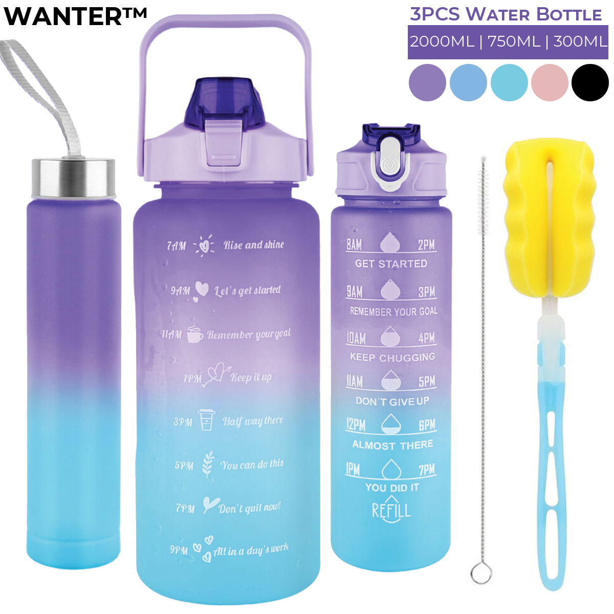 3pcs ~ 2pcs Motivational Water Bottle With Straw, Bottle & Straw Cleaner, Gradient Color Drinking Water Bottle For Girls And Female Gym With Handle, Portable Water Bottle For School, Fitness, Outdoor Sports, BPA Free Grade Plastic Travel Water Bottles