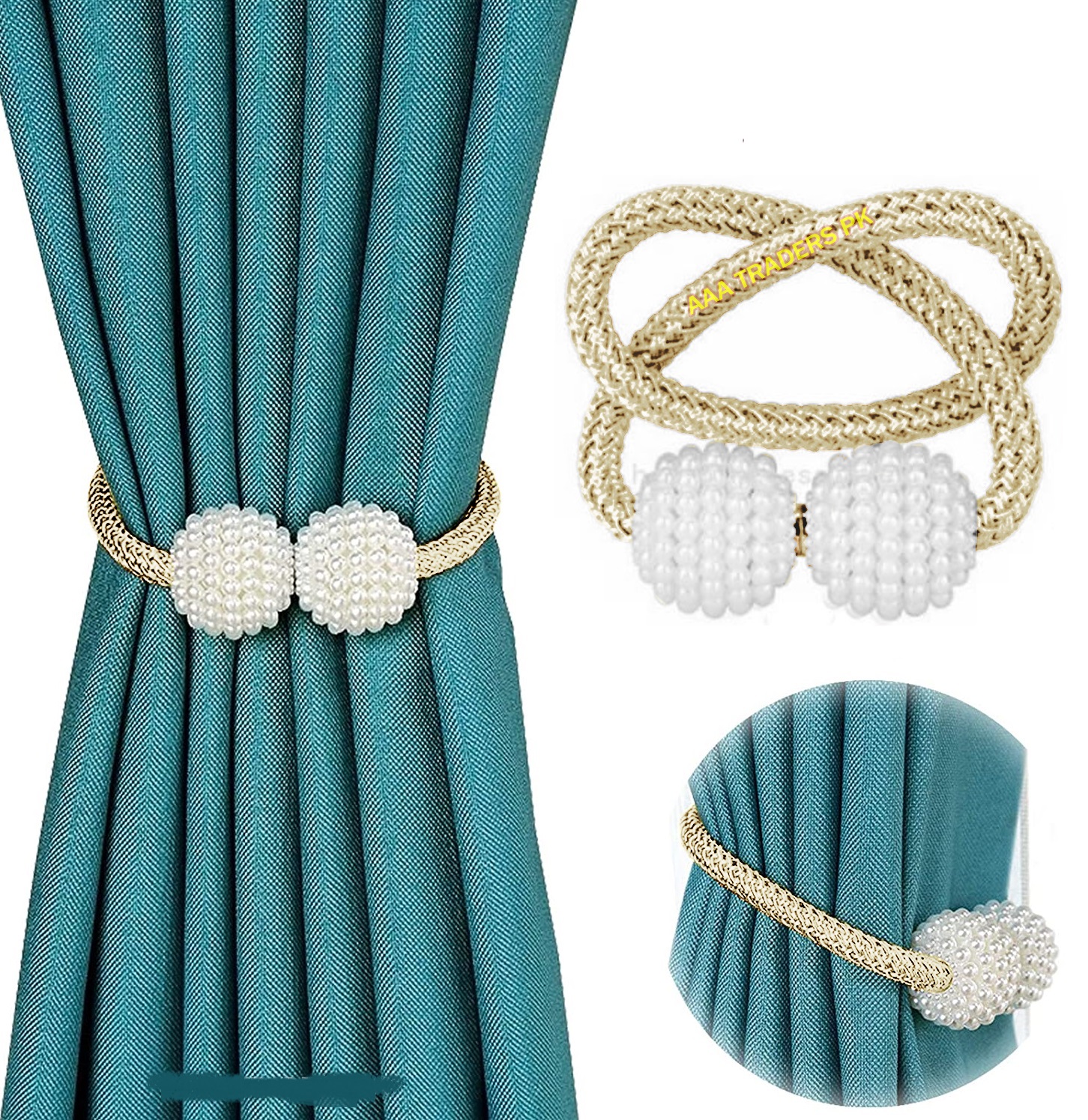 2 PCS Magnetic Pearl Curtain Buckle Magnetic Curtain Tiebacks Convenient Drape Tie European Style Decorative Weave Rope Curtain Rings & Buckles Holder for Window Sheer Blackout Draperies, Braided Straps Ball Buckles,  Parday