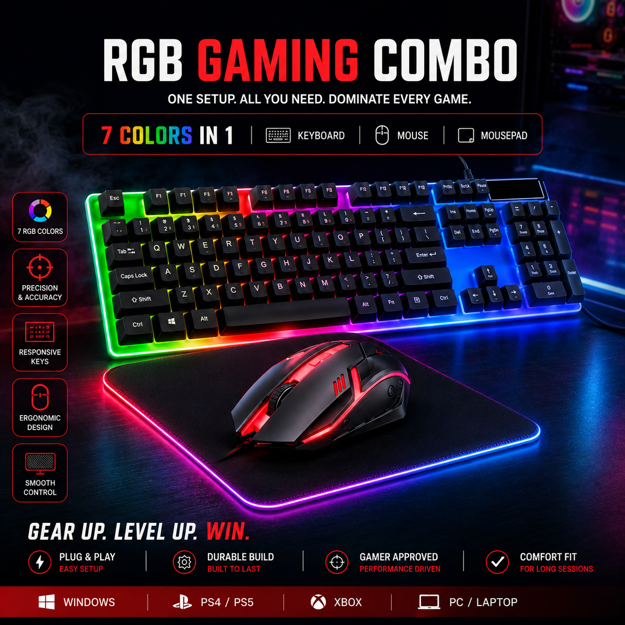 RGB Gaming Keyboard & Mouse Combo - 7 Colour Wired RGB Mouse and Keyboard Set - USB Wired Pack For PC & Laptop - Black & White
