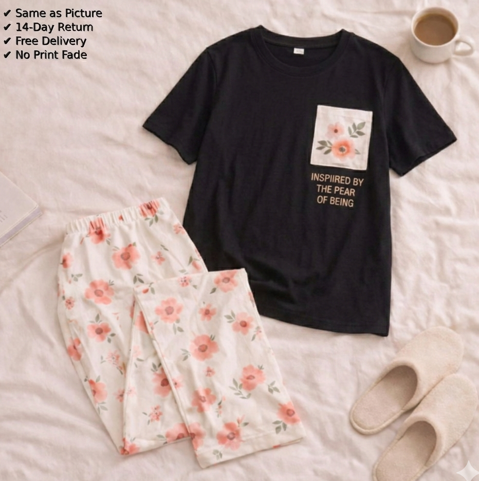 Black Pocket Printed T-Shirt & Floral Printed Trousers - Premium 2-Piece Night Dress for Women & Kids – Soft Cotton Jersey Night Suit Set – Loungewear – Casual Summer PJs Sleeping Suit Available Sizes Adult S to XL, Kids 7-14 Years Siddiqui's Store 01