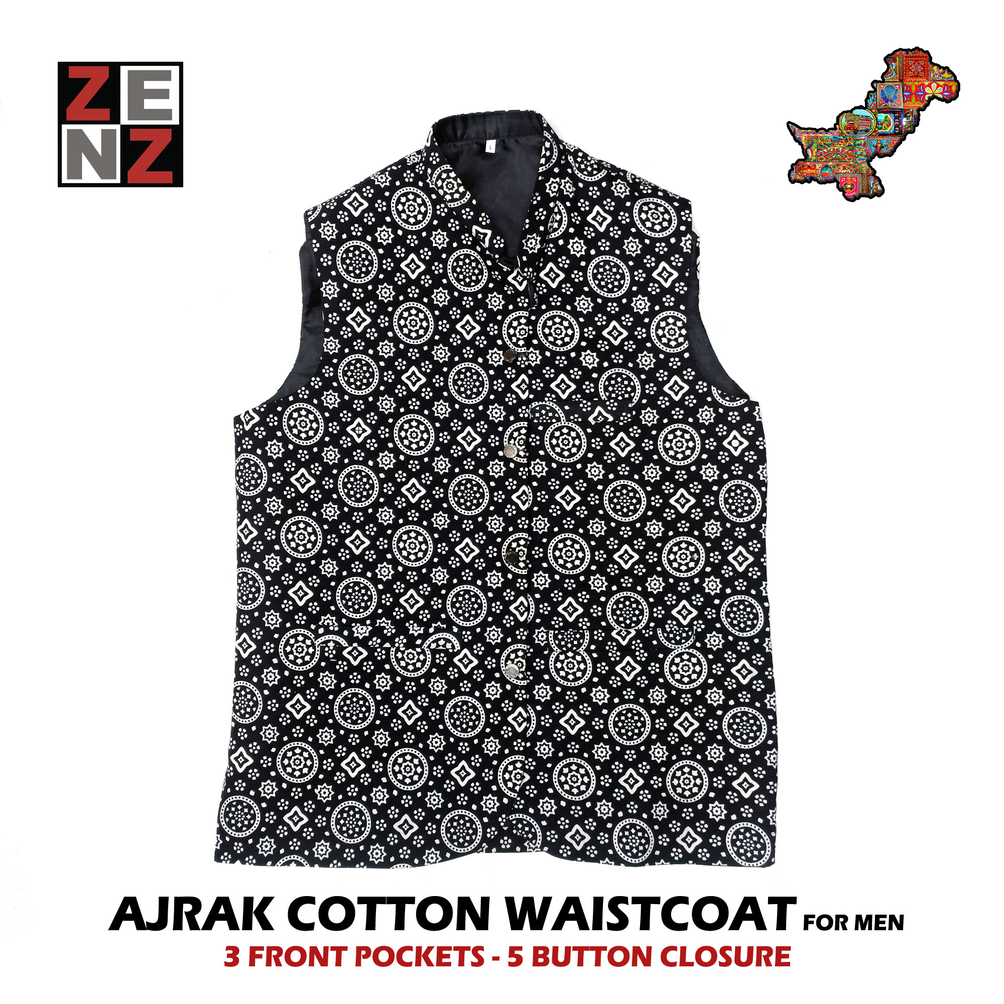 Men's Sindhi Ajrak Waistcoat for Adult Males Pakistani Traditional