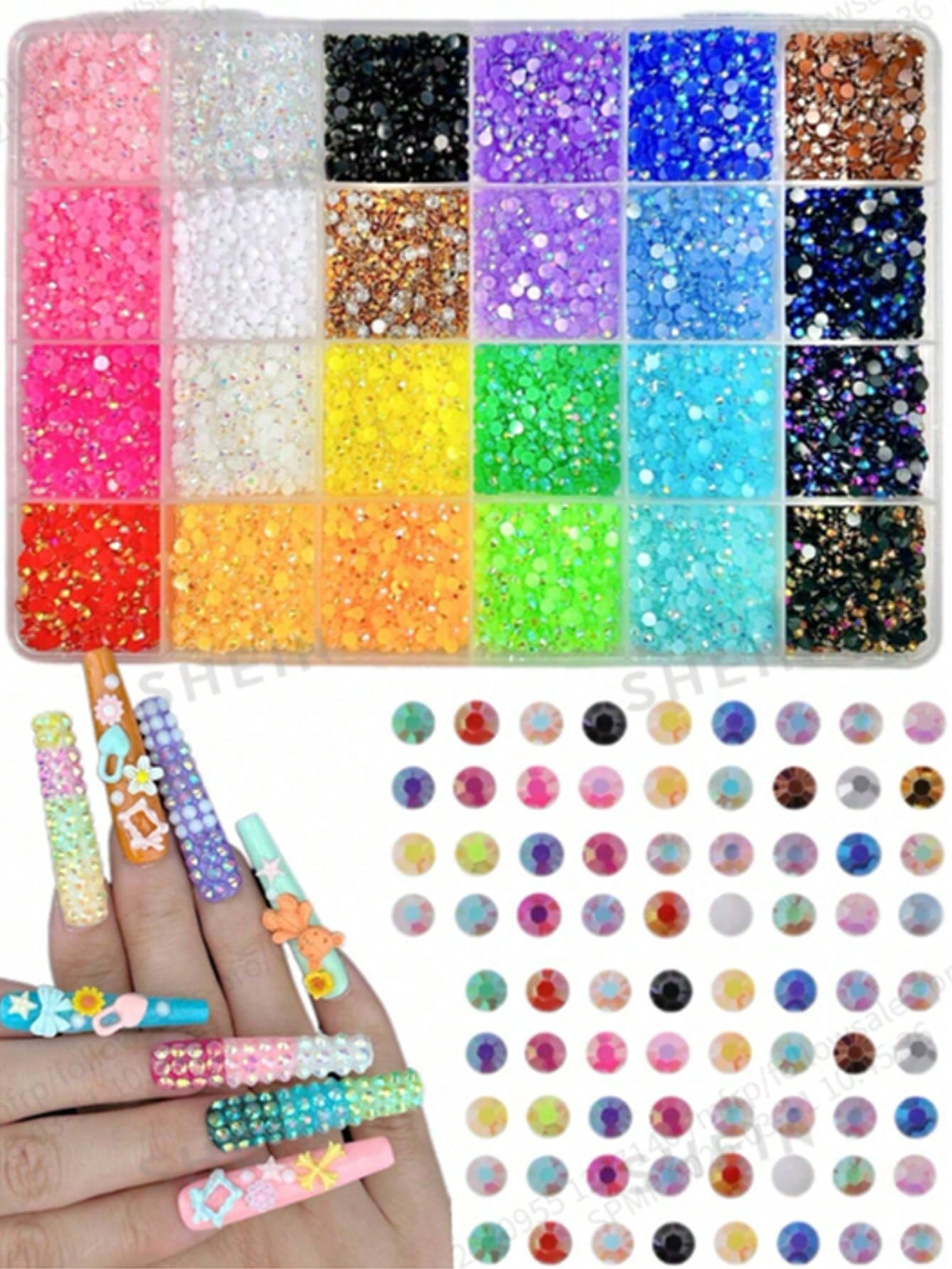 24 Colors Nail Art Rhinestones Box 3mm Flat Back Gems ✨ Multi Color Crystal Stones for Nails, DIY Crafts, Clothes Decoration, Phone Case Bling Accessories ✨ Bedazzle Kit