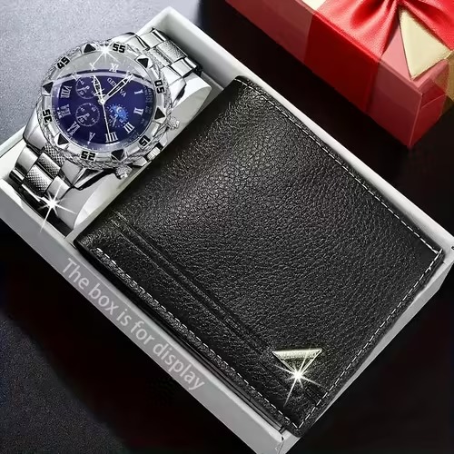2PCS Men’s Quartz Watch + Wallet Combo | Luxury Analog Wrist Watches with Slim Wallet | Stylish Gift Set for Men