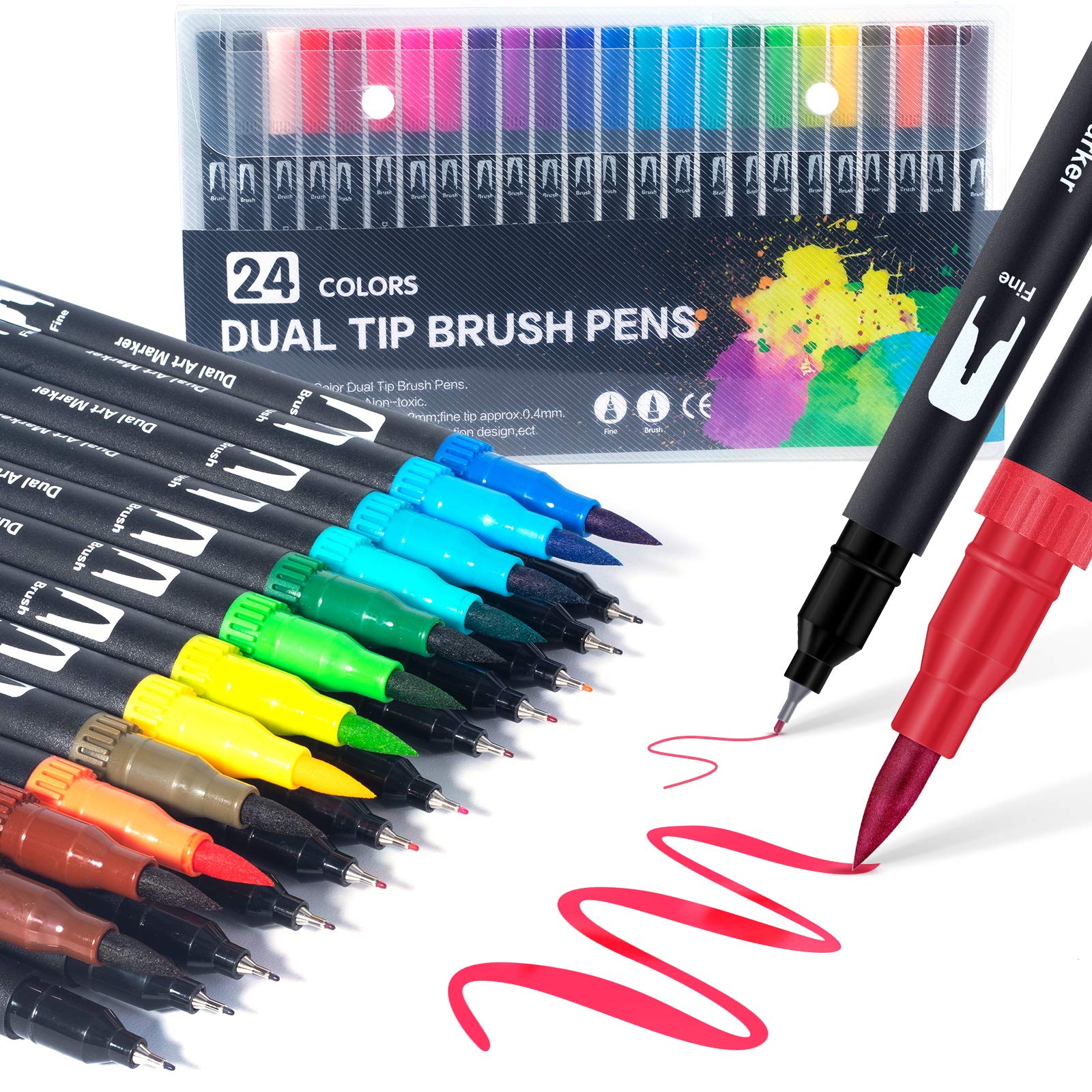 24 colour Dual Tips Coloring Brush Fineliner Color Water Based Marker ...