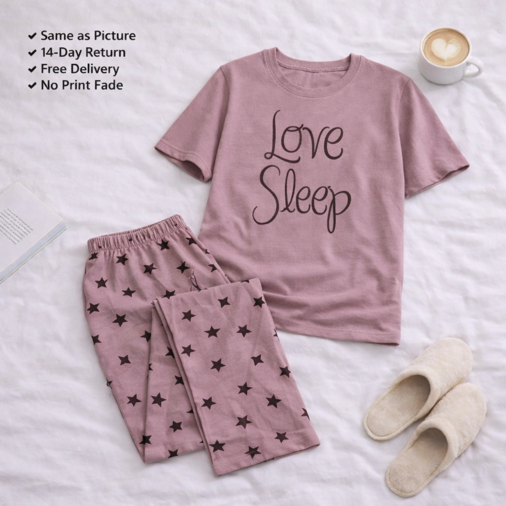 Love Sleep T-Shirt & Star Print Trouser Multicolor Night wear Set for Women, Soft Cotton Jersey Summer Pajama, Sleepwear and Loungewear Suit, Night Dress Style Home Wear, Breathable Relax Fit T Shirt Pajama Set (S-XL | 7-14 Years) price in Pakistan