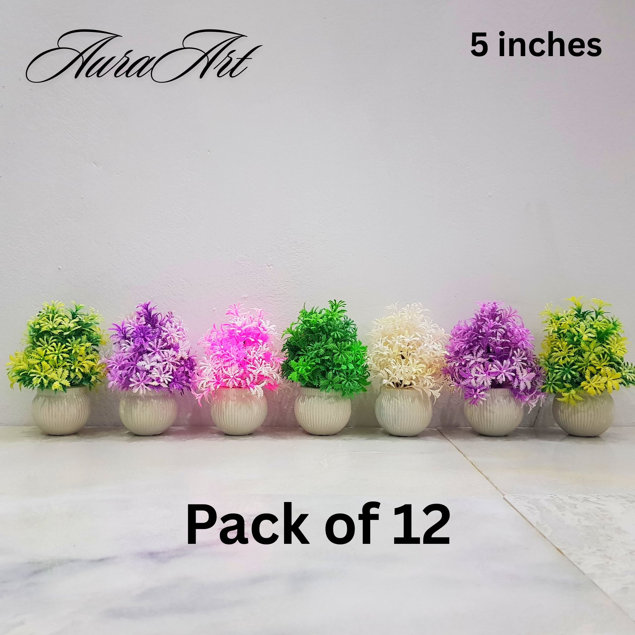 Pack of 12 mini Artificial decoration flower plants trees with white pots. Decoration pieces for home, office and room.