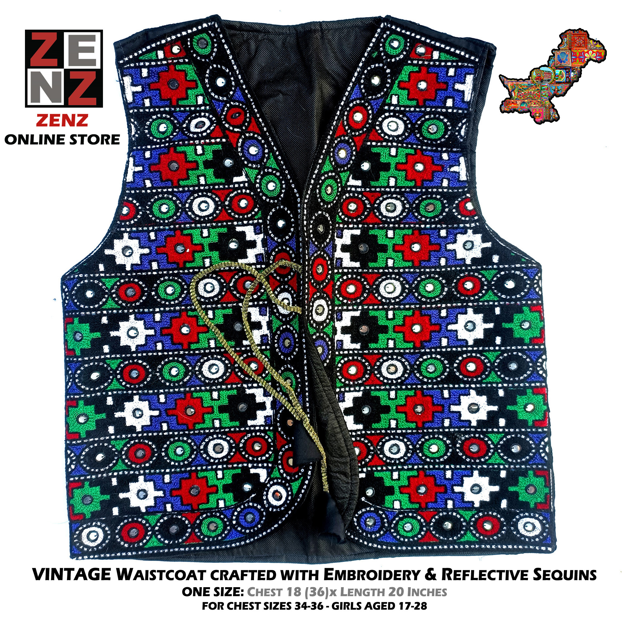 Pakistani Sindhi Balochi Kashmiri Traditional & Cultural Wear Waistcoat Koti Embroidered Zenz Multicoloured Embroidery for Girls & Women