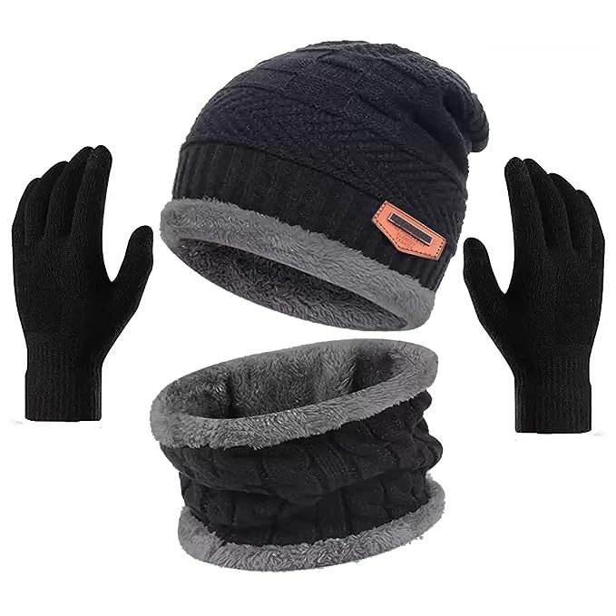 Beanie Cap Neck Warmer With Gloves for Men Women| Warm Wool Pair of Gloves with Beanie Cap and Neck Warmer