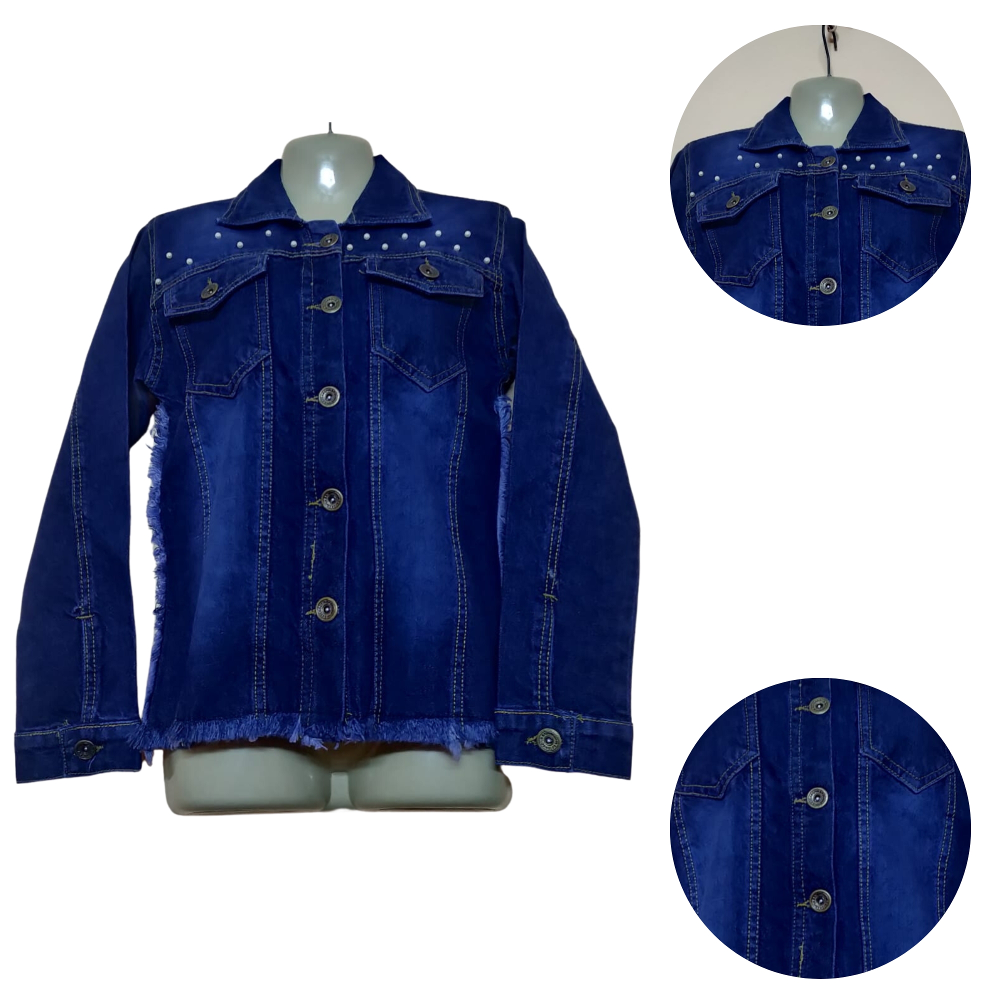 Denim Blue Slim Fit Jeans Jacket for Women - With Pearls, Turn-down Collar, Casual or Formal Style