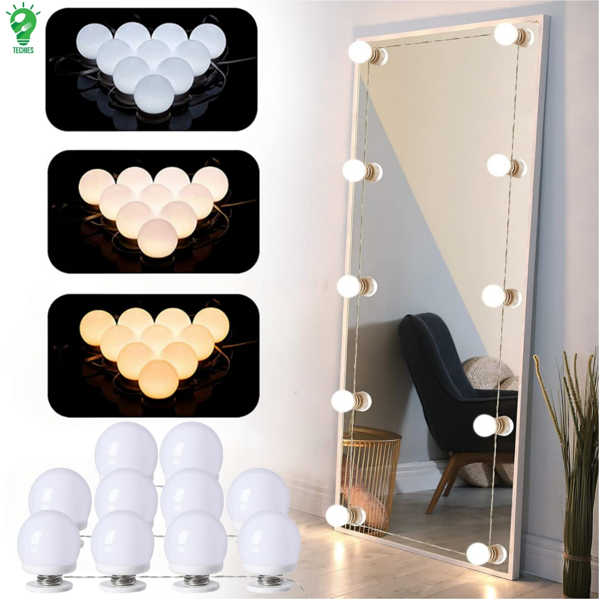 10 Bulb LED Vanity Mirror Lights – USB Powered Makeup Light Strip, Adjustable Brightness with 3 Color Modes, Hollywood Style Dressing Table Lighting for Makeup & Beauty Setup