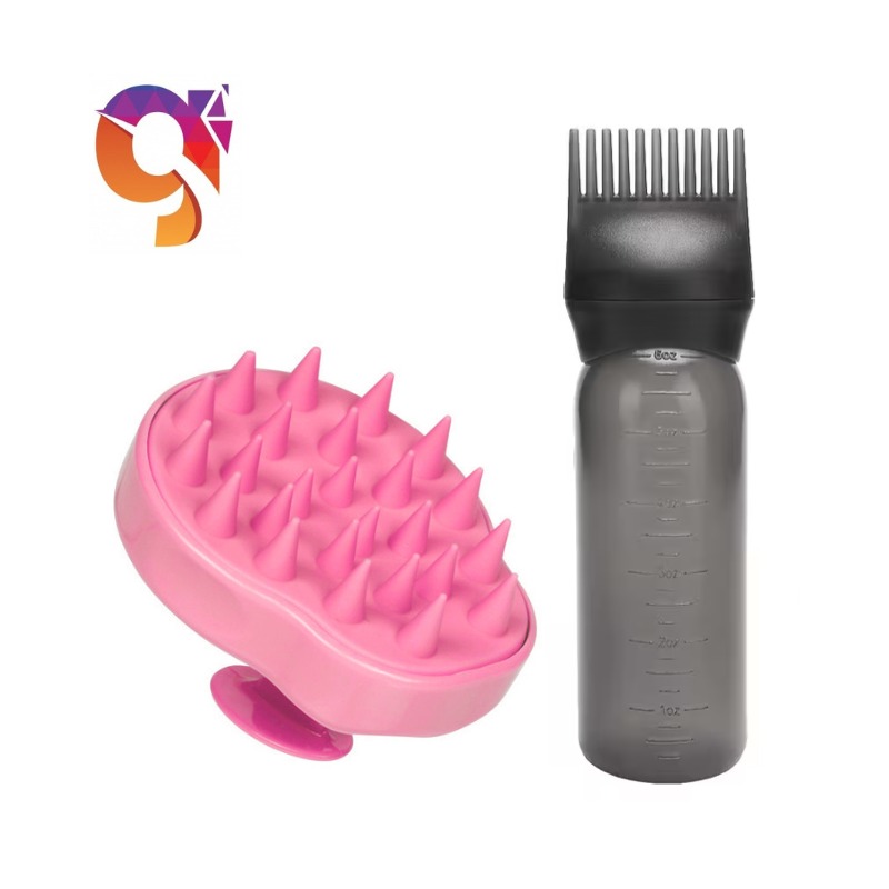 Silicone Hair Care Set: Scalp Massager & Root Comb with Oil Applicator Bottle 2 Pcs Set - Perfect for Salon & Home Use, Ideal for All Hair Types (Random  Colours)