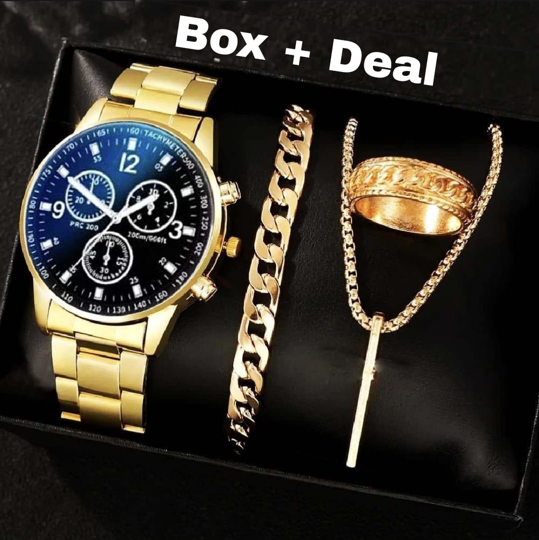 Latest Design Golden 2025 Watch Gold Men Blue Business Watches + Bracelet + Cuban Chain Bracelet +3D Bar Locket  With Chain+Ring -High Quality In Random Dial watch Design With Stainless Steel Strap + Bracelet Chain + Necklace + Ring For Boys Men