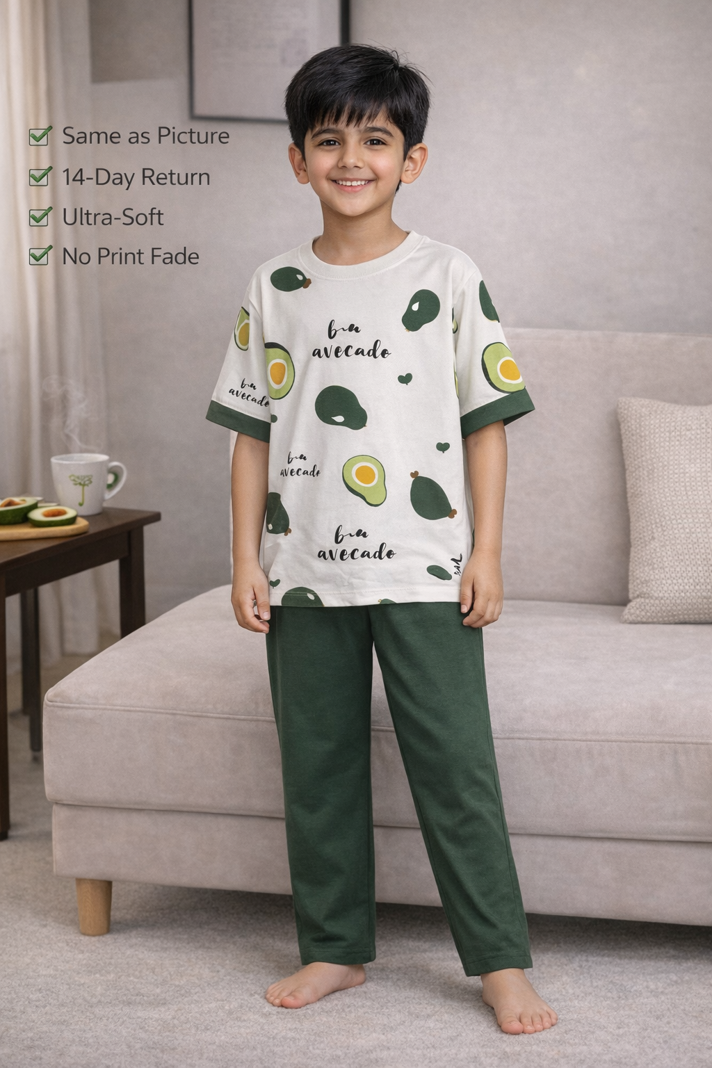 Avocado Print Boys Nightwear Set (7–14 Years) – Soft Cotton Jersey Pajama Suit for Kids – Breathable Summer Sleepwear T-Shirt & Trouser – Fun Home Wear Outfit price in Pakistan