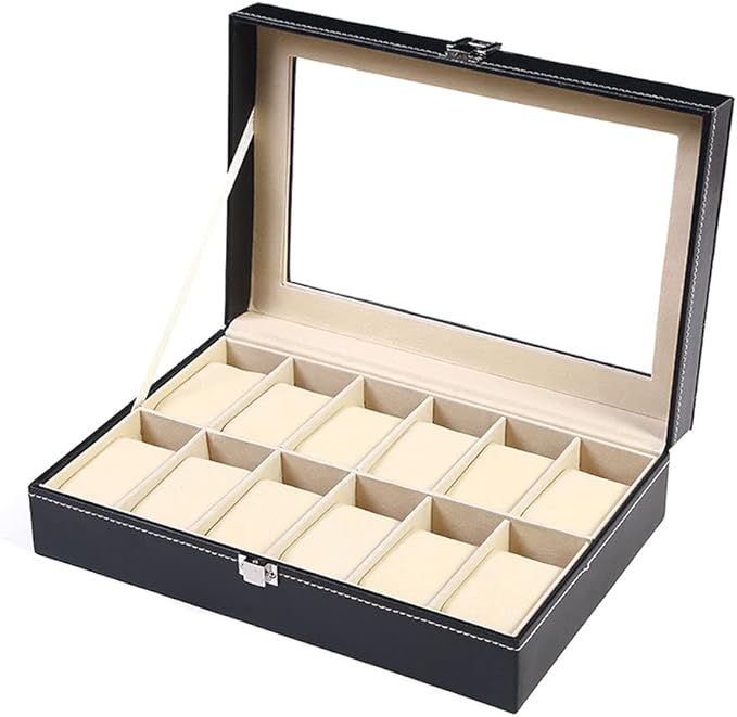 Watch Box for Men PU Leather Watch Organizer Storage Style Black Holds Up to 12 Watches
