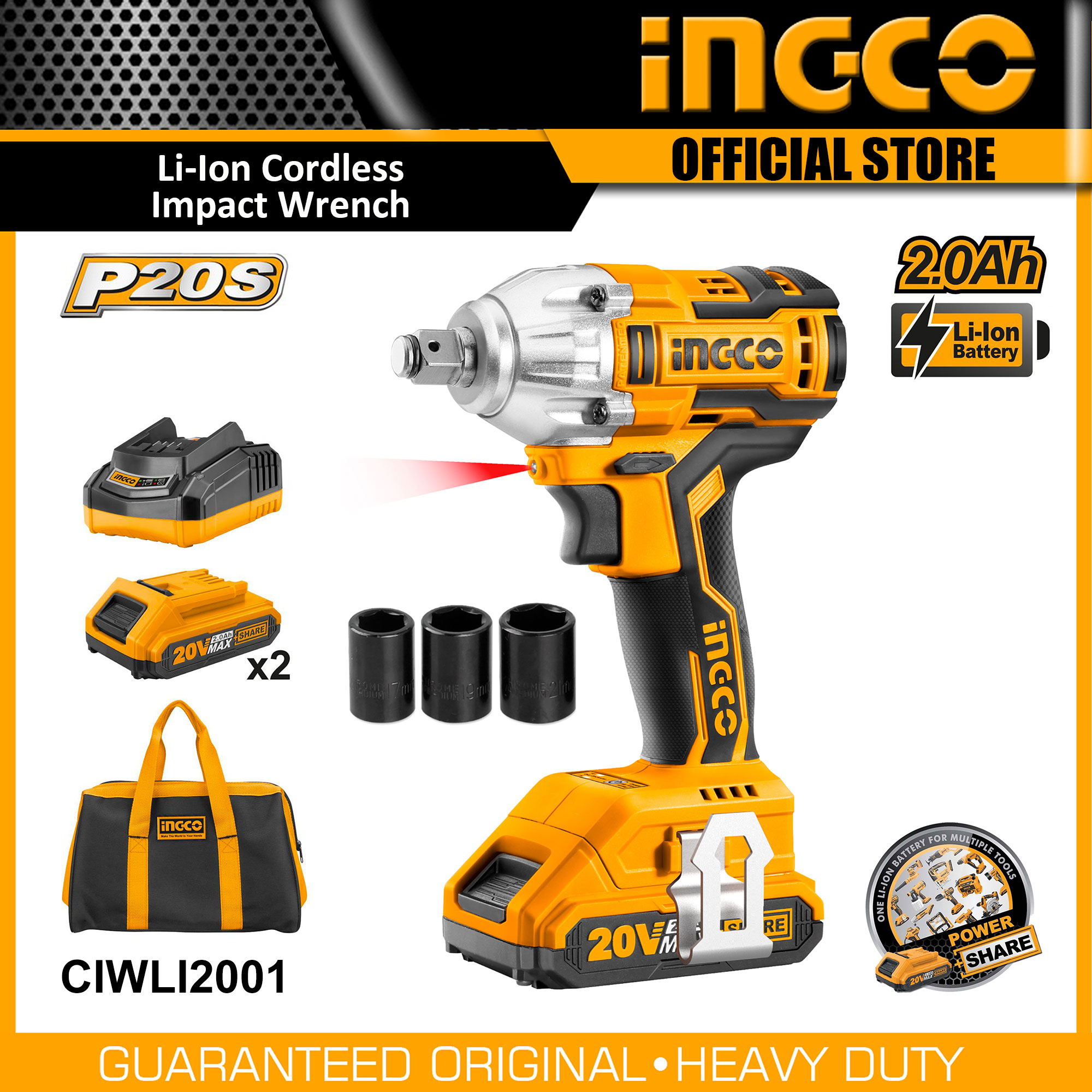 Ingco Liion Cordless Impact Wrench 20v 1/2 Square Drive (with 2pc