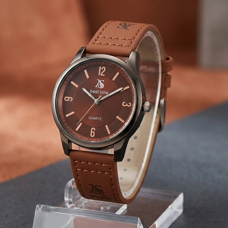 Military Inspired Brown Strap Watch for Boys Men Fashion / Faux-Leather Band / White and Black Dial