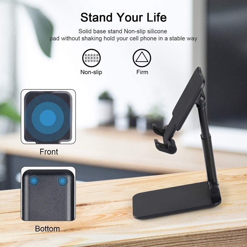 Foldable Desktop Mobile Phone Stand Bracket Holder / Mobile Phone Stand Mount Universal Adjustable Desktop Smart Phone Tablet Holder Bracket (Black - White)