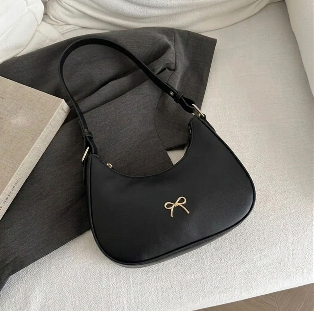 Women's Luxury Crescent Underarm Shoulder Bag  Cute Bow Leather Half Moon Purse & Handbag for Girls