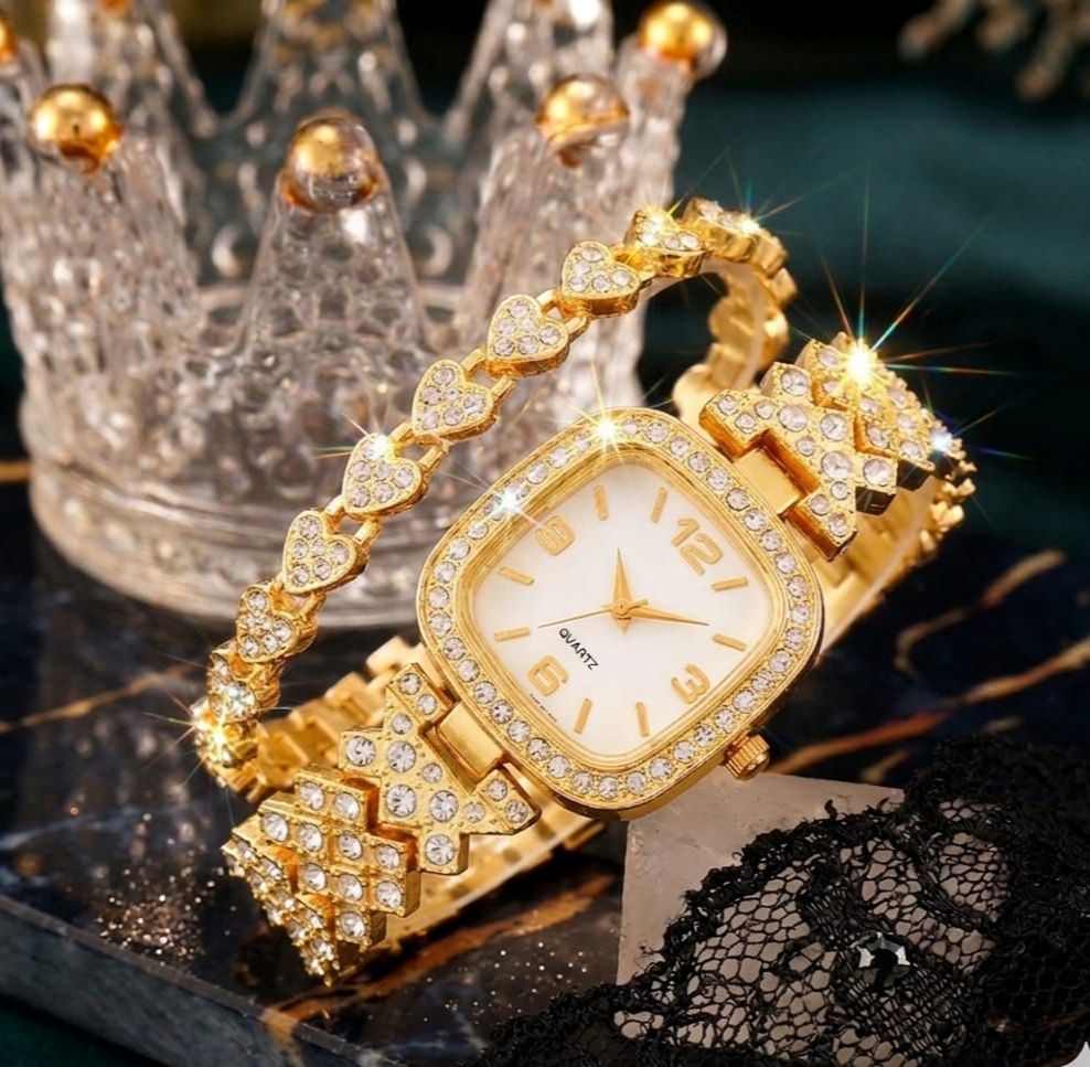 Luxury Rhinestone Women’s Watch Set – Round Dial with Stainless Steel Crystal Chain Strap & Bracelet (2 PCS Gift Set)