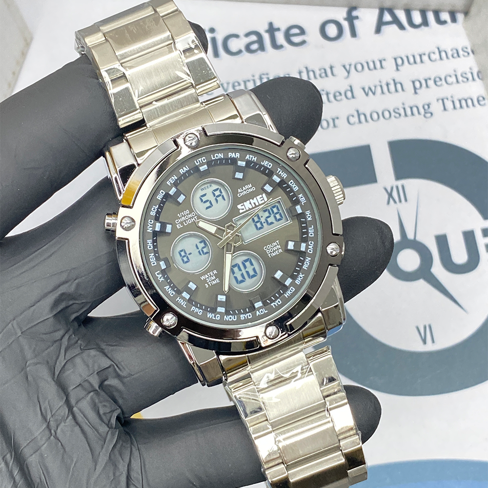 SMK 1389 Dual Time Chain Watch with Analog-Digital Display Stainless Steel Case Waterproof Alarm Stopwatch & LED Light for Men