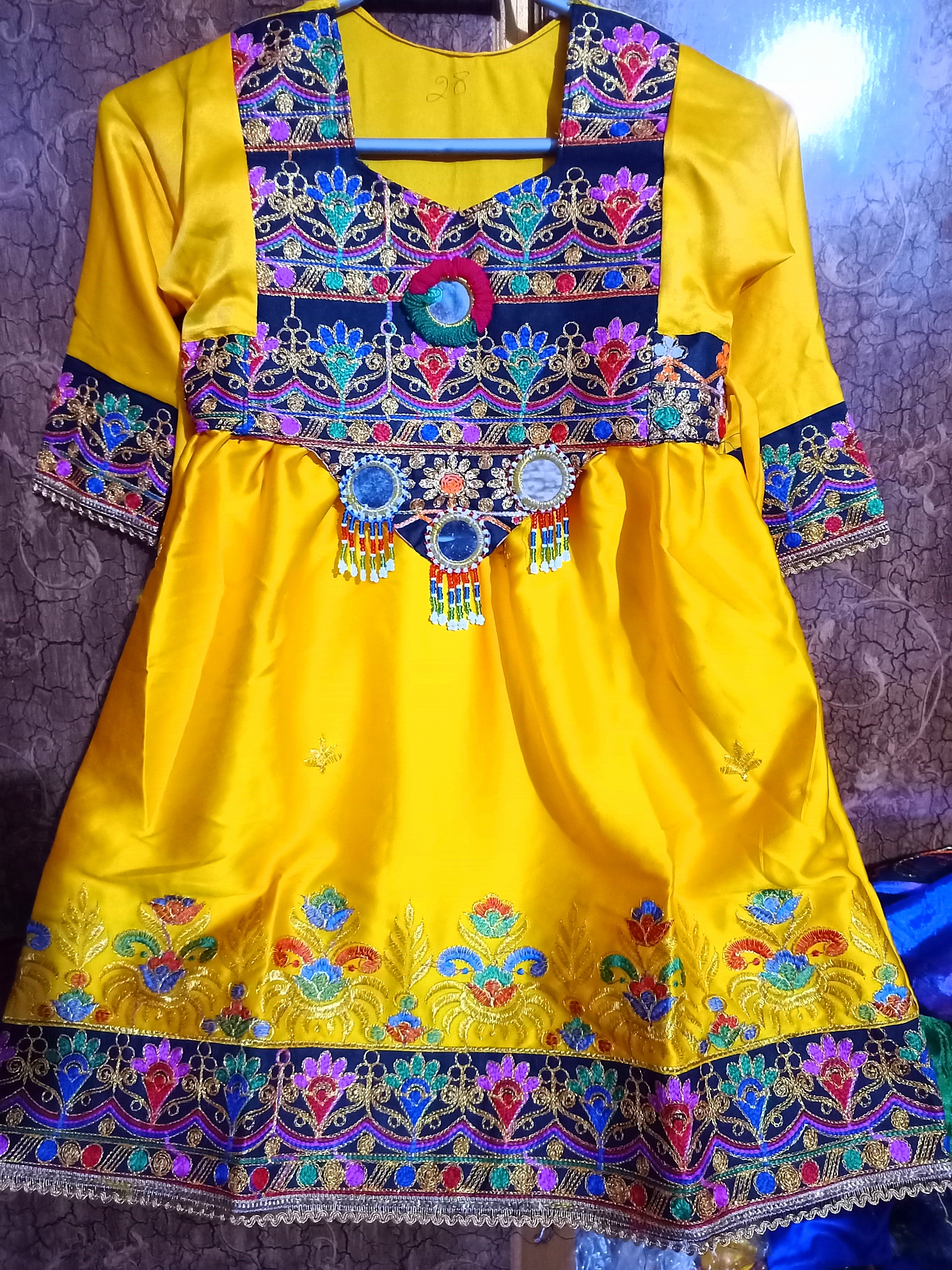 traditional Afghani Frock for Girls and Kids THREE piece full dress with free gift matta patti yellow