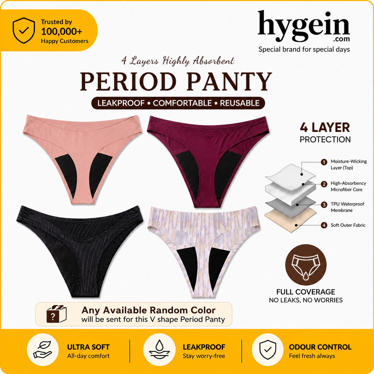 Hygein High Waist Reusable Period Underwear Brief Panties 4 Layers Leak Proof Highly Absorbency