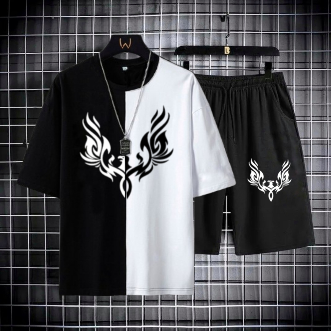 Black & White Trendy Wings Printed Tracksuit For Men - T shirt & Short Tracksuit