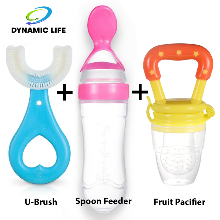 Combo of Baby Fruits Pacifier + U-Brush + Spoon Feeding Bottle for Fruits Vegetable Food Supplement Cereal Feeder Pacifier for teeth cleaning of Infant New born toddler kids Supplies Silicone Teething Toy Fruit Chosni