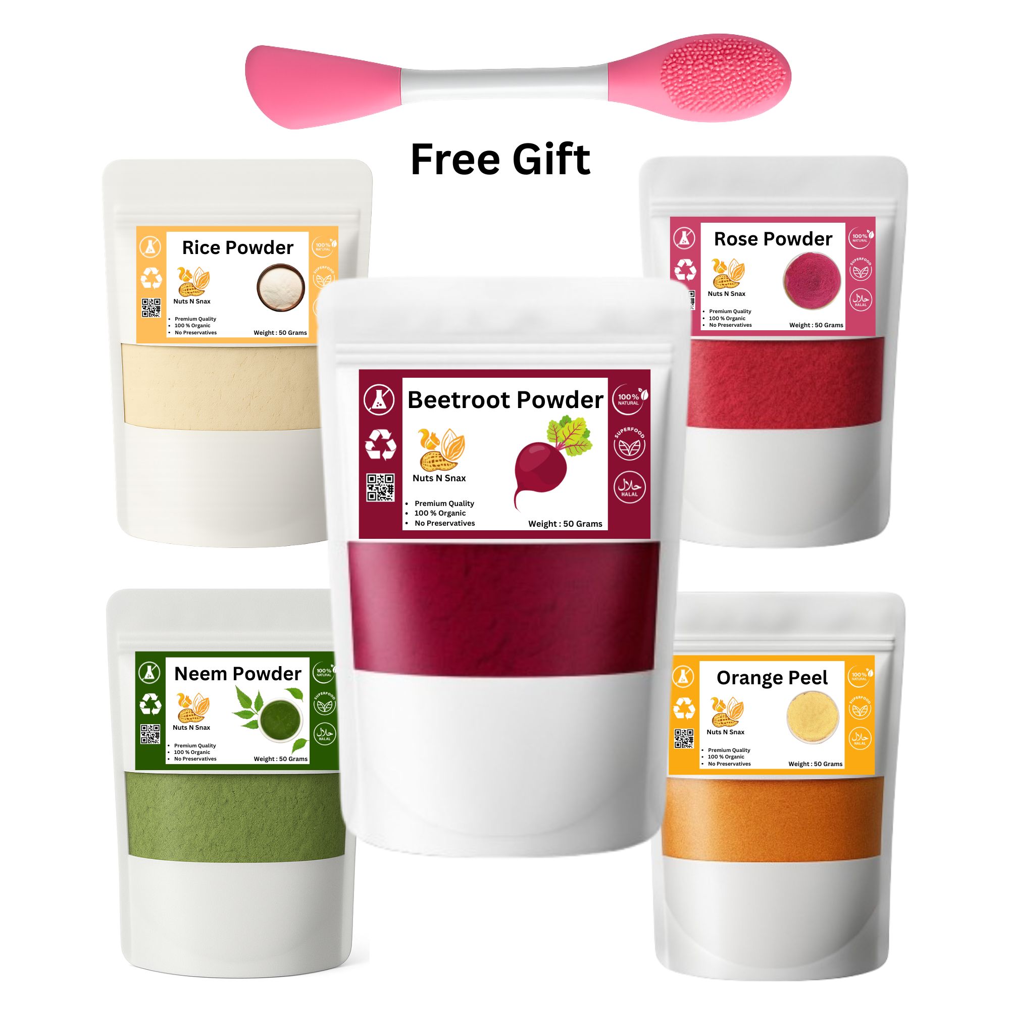 Pack of 5 Organic Powder | Orange Peel Powder + Rice + Neem + Beetroot + Rose Powder (250g) - Glowing Skin, Hair Care & Acne Control | 5-in-1 Natural Beauty Bundle by Nuts N Snax