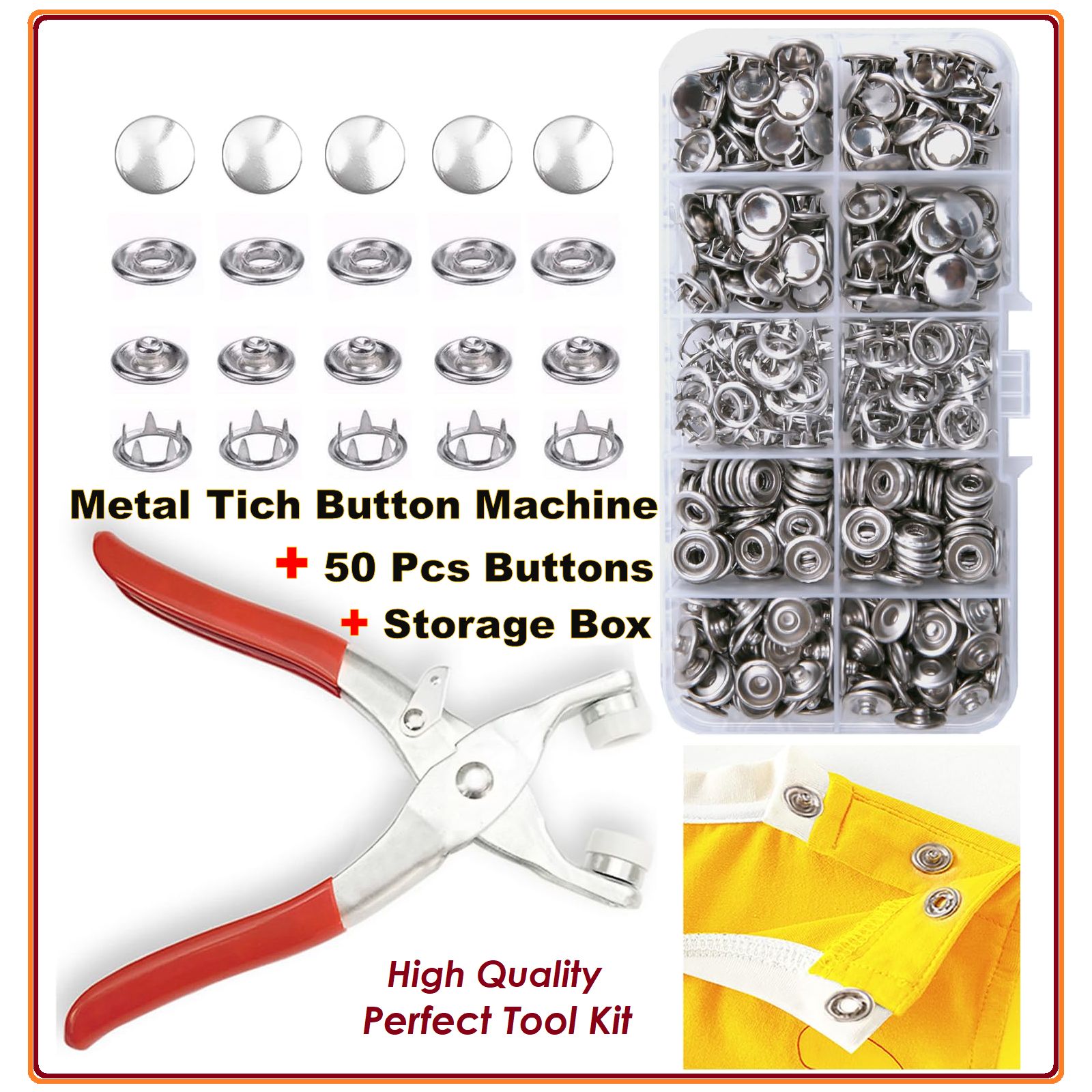 HIGH QUALITY Metal Tich Button Machine with Storage Container Box with 50 Sets of 9.5mm Metal Snap Buttons _DIY Tich Buttons Punch Tool For Baby Clothes_abaya Ring Metal Button Presser Machine Fastener Snap Buttons Kit Tich Button Tool Kit