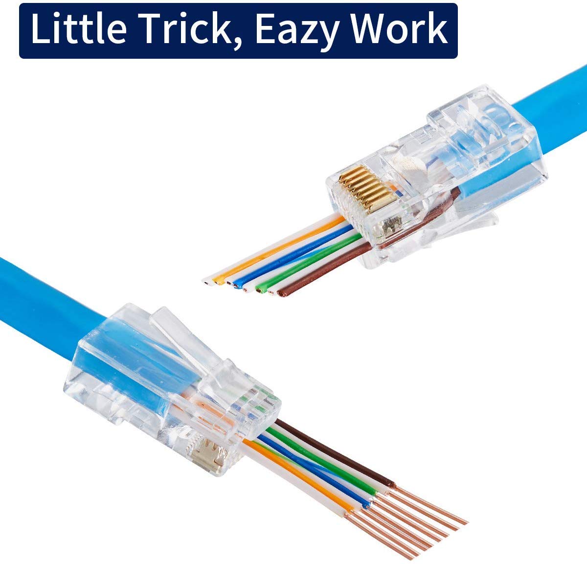 RJ45 Pass Through Connectors - Easy to Crimp Modular Plug for Solid or Stranded UTP Network Cable | Male Ethernet Connector End