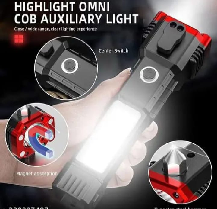 Multifunction 8in1 Portable Led Flashlight Rechargeable LED Torch Flashlight | Car Emergency Tool with Window Breaker Hammer | Cutter | Flashlight Household Rechargeable Ultra Strong Outdoor Bright Led Flashlight