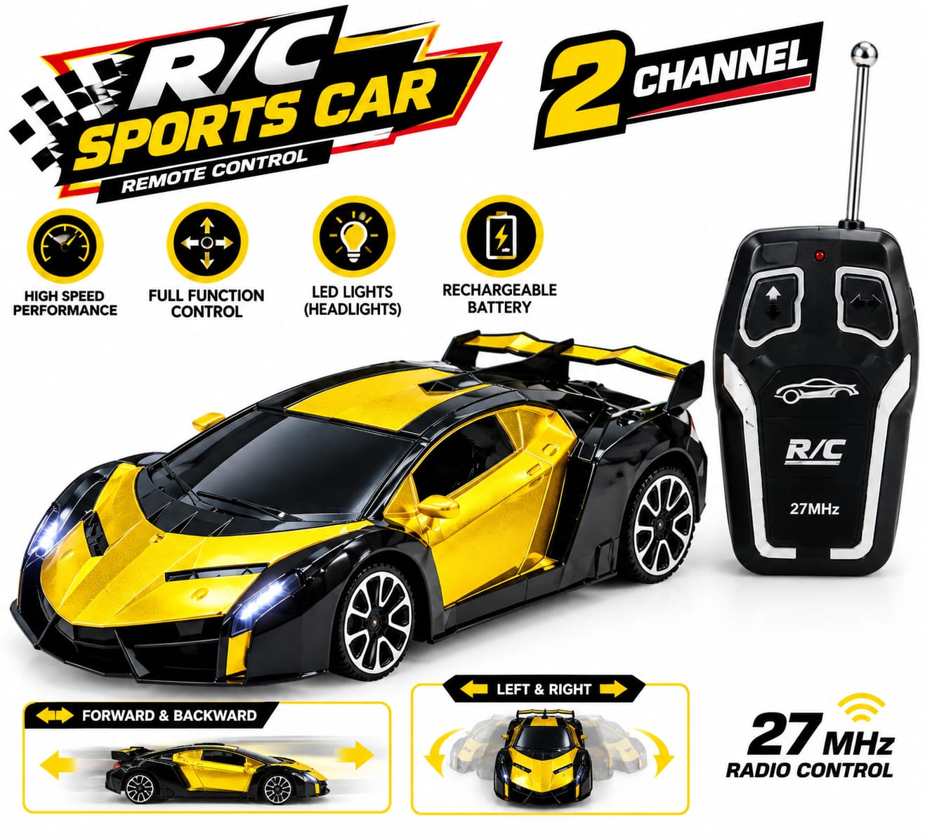 Lamborghini Style Remote Control Car 2 Channel Forward And Backward Battery Operated Toy Vehicle for Kids 3+ Years